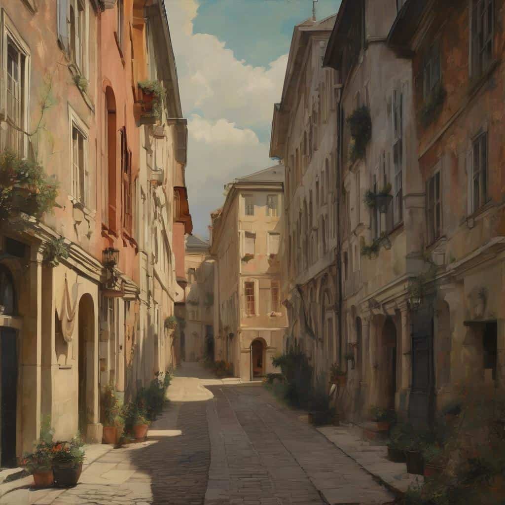 Όμορφος γραφικός δρόμος σε παλιά ευρωπαϊκή πόλη με χαριτωμένα κτίρια και λουλούδια σε δοχεία, αποπνέει καλλιτεχνική αρχιτεκτονική και ιστορική ατμόσφαιρα.