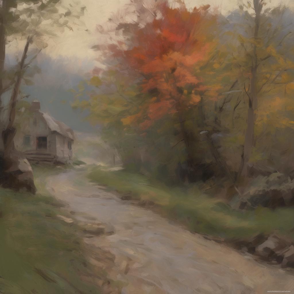 Παραδοσιακή τοπιογραφία με φθινοπωρινά δέντρα και απομακρυσμένο σπιτάκι σε ήρεμο τοπίο.