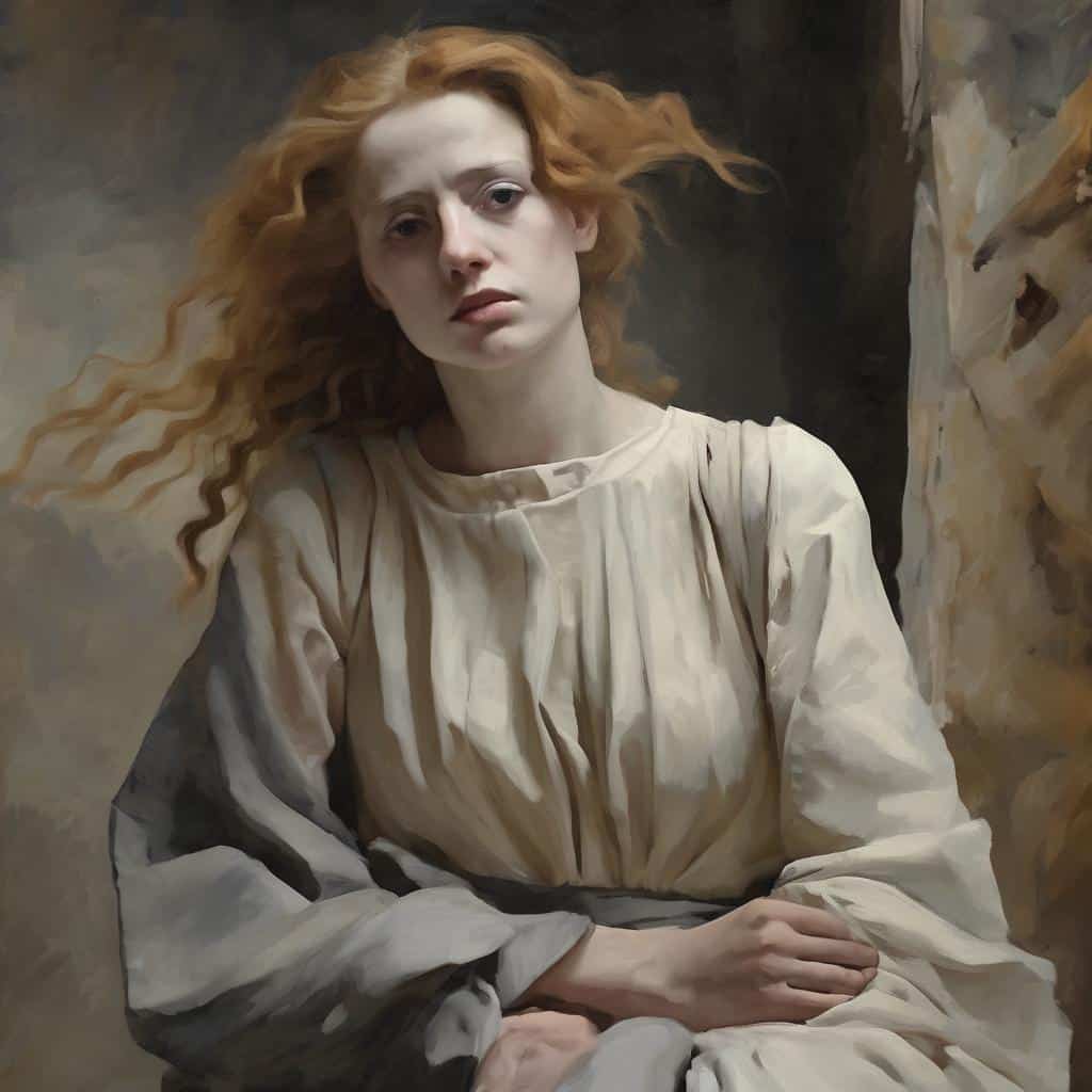 Ανθρώπινη γυναίκα με κόκκινα μαλλιά σε κλασικό πορτρέτο, ζωγραφική τέχνη και καλλιτεχνικά ρεύματα, εξέλιξη στην τέχνη.