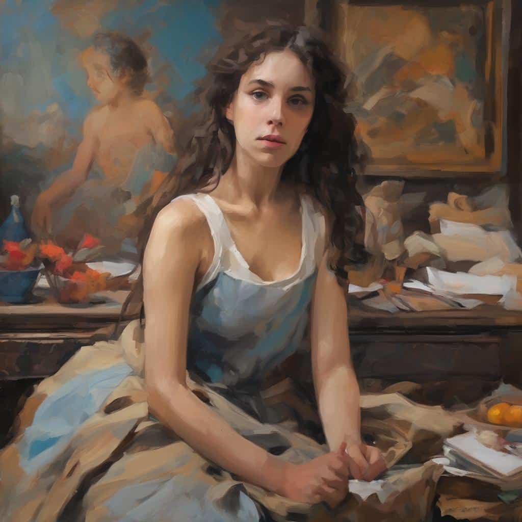 Ουεντινιάρικο πορτρέτο γυναίκας σε καμβά, ζωγραφική με έντονα χρώματα και ρεαλιστική υφή.