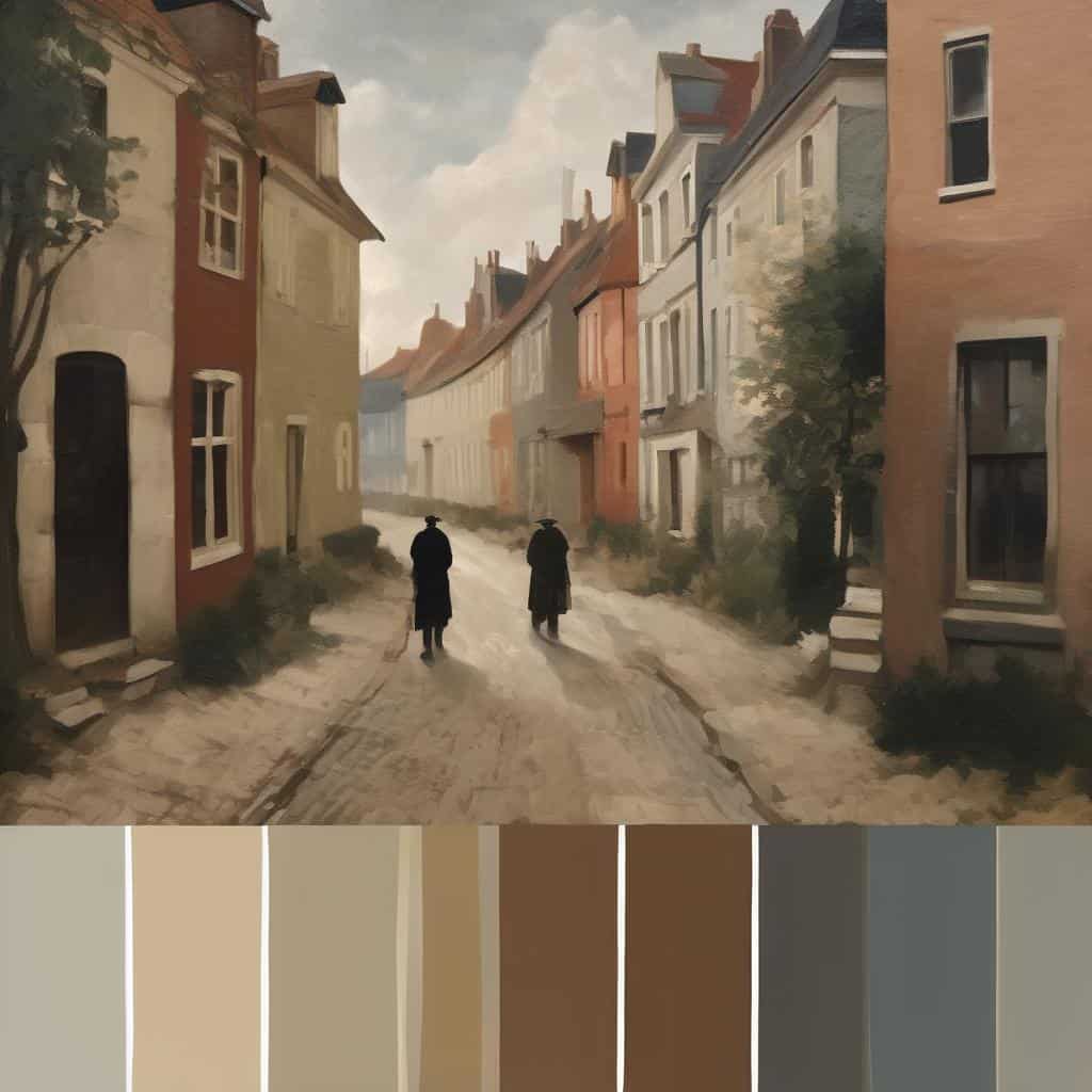 Οδός με παραδοσιακά κτίρια και δύο ανθρώπους περπατούν, σε ζωγραφικό στυλ, με χρώματα της εποχής.