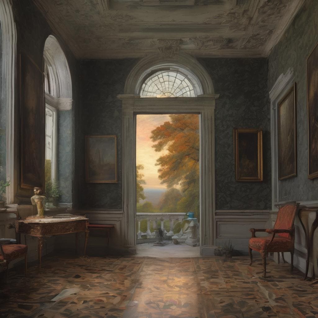 Νεοκλασική αίθουσα με παράθυρα και πίνακες ζωγραφικής, φωτεινό τοπίο με δέντρο στο μπαλκόνι.