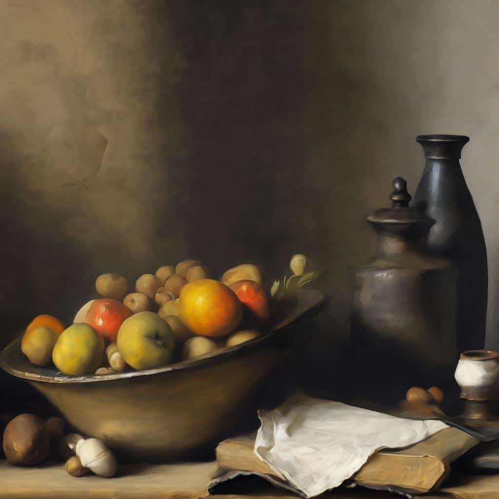 Αντικείμενο σε still life με φρούτα και κεραμικά σκεύη, εκπροσωπώντας το ρεύμα της Ισπανικής Σχολής στη ζωγραφική.